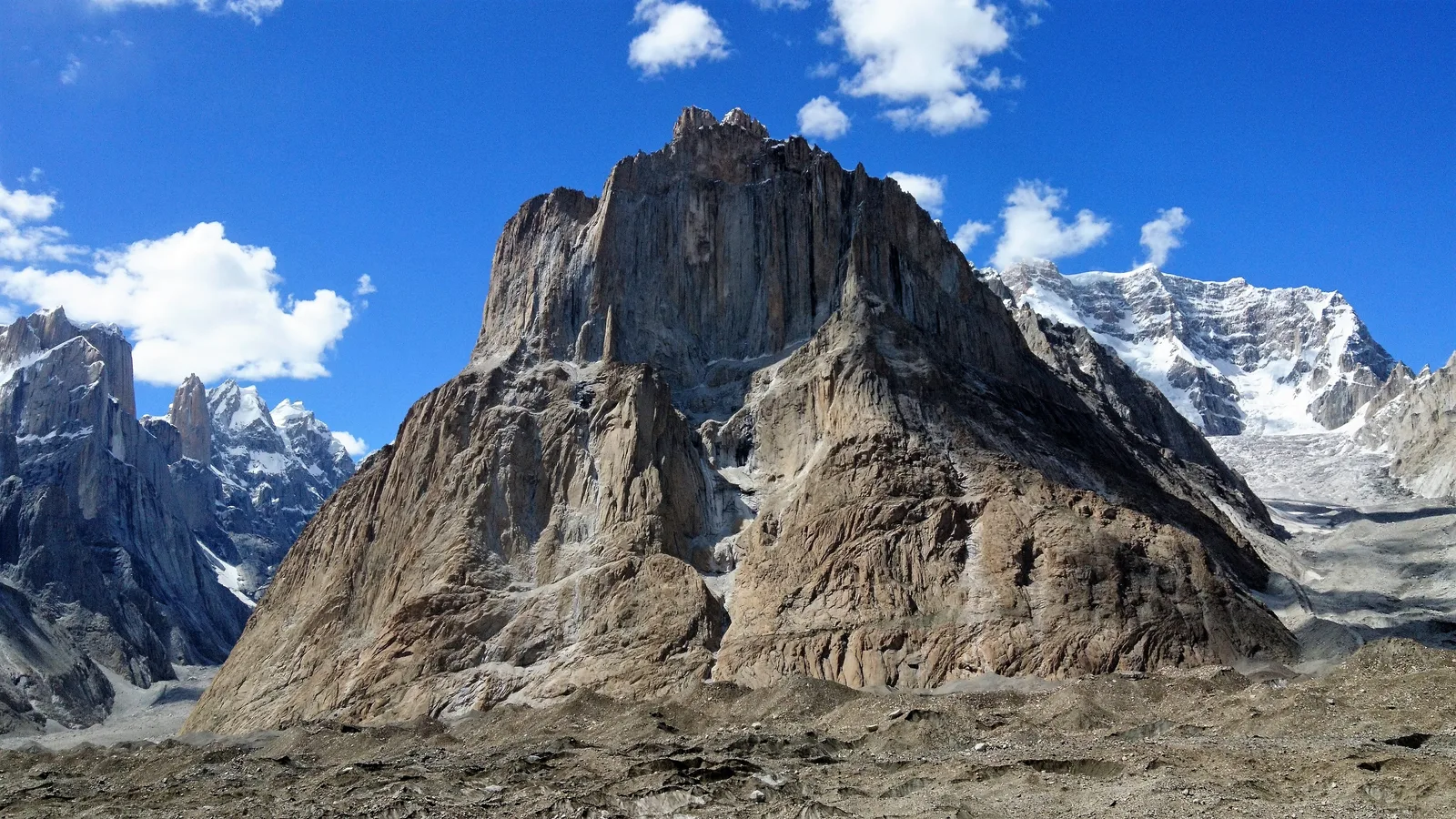 The Cathedral granite towers seen from Urdukas on the Baltoro Glacier trek near Skardu