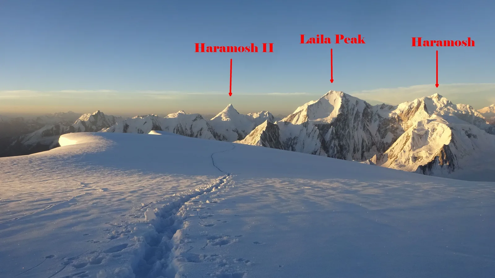 Looking south from the 7,027 m summit of Spantik toward Haramosh, with a sea of Karakoram peaks below