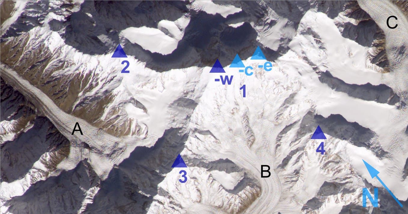 Distaghil Sar 7885 m and its three summits seen from space above the Hispar Muztagh