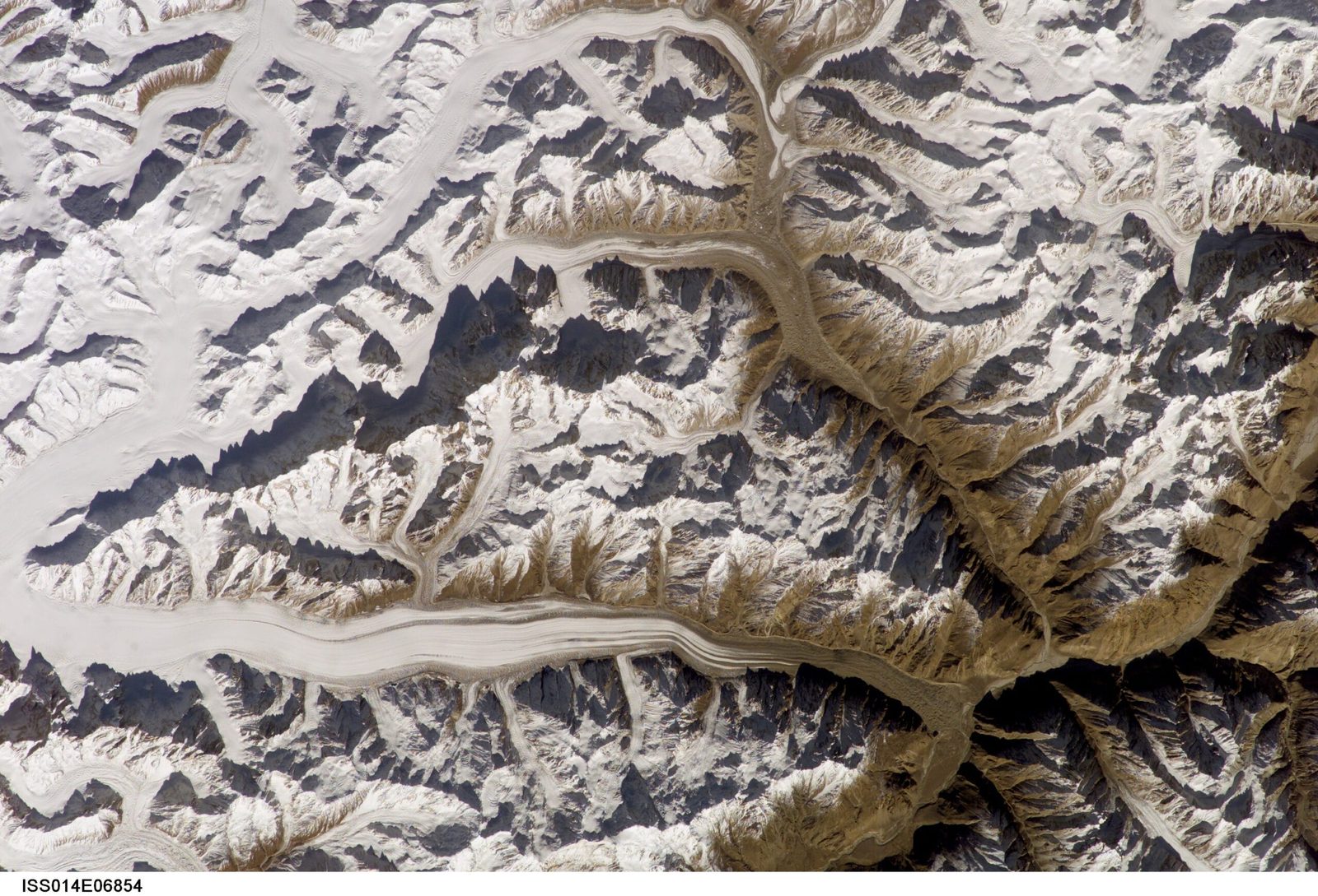 NASA ISS satellite view of the Latok group and Baintha Brakk (the Ogre) above the Biafo Glacier in the Panmah Muztagh, Karakoram