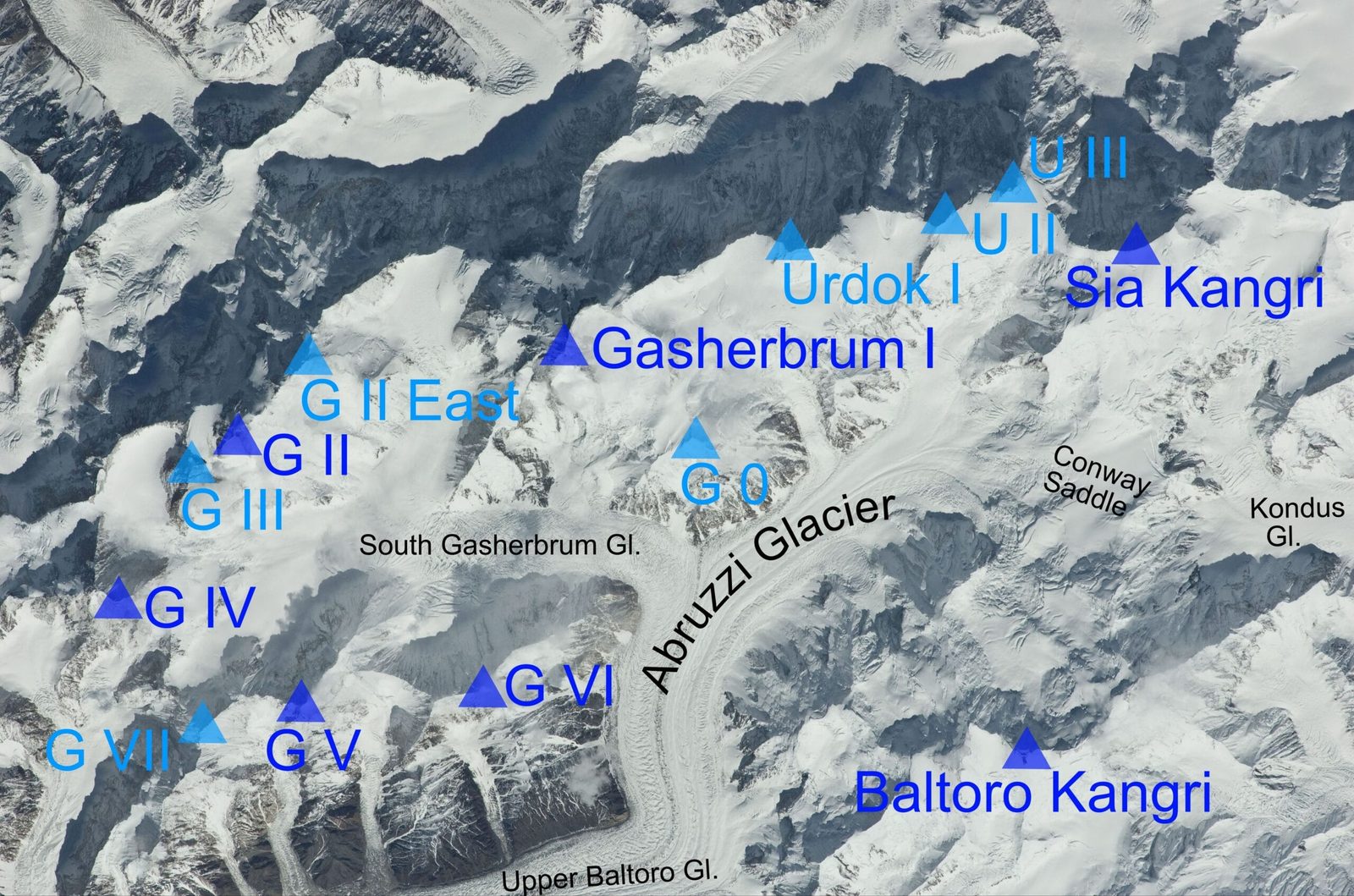 Veduta satellitare del gruppo Gasherbrum con cime e ghiacciai etichettati