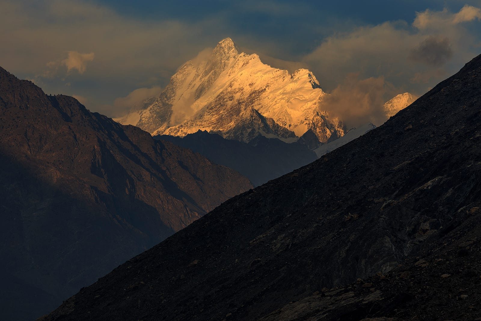 Malubiting at sunset photographed from the Skardu to Gilgit road
