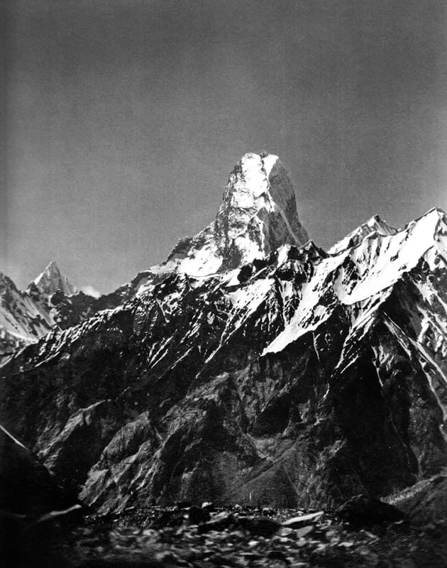 The Muztagh Tower seen from the upper Baltoro Glacier, photographed by Vittorio Sella in 1909