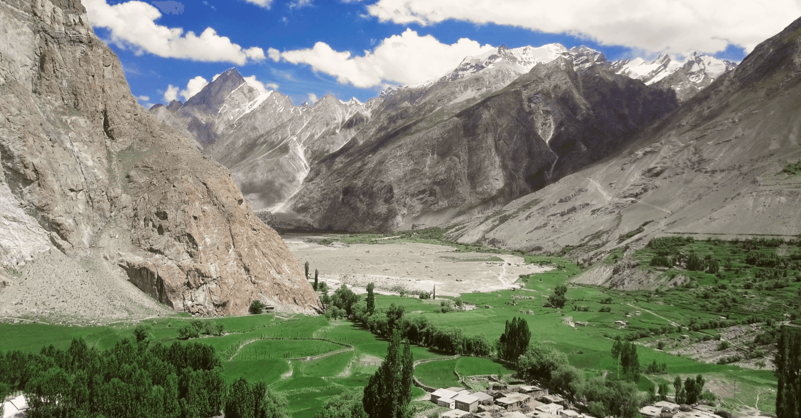 Aerial view of Askole village and its terraced fields in the Braldu Valley, Gilgit-Baltistan