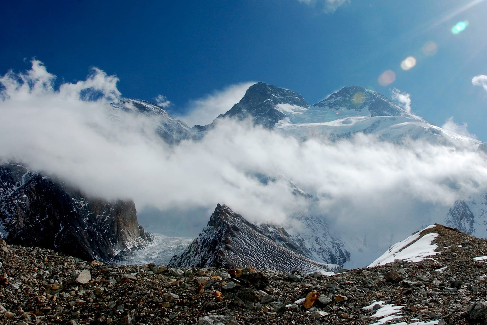 The three summits of Broad Peak seen from the Godwin-Austen Glacier, with Broad Peak Central left of the main summit